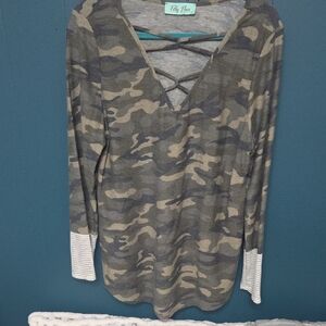 Filly Flair Camouflage Long Sleeve Top with Striped Cuffs